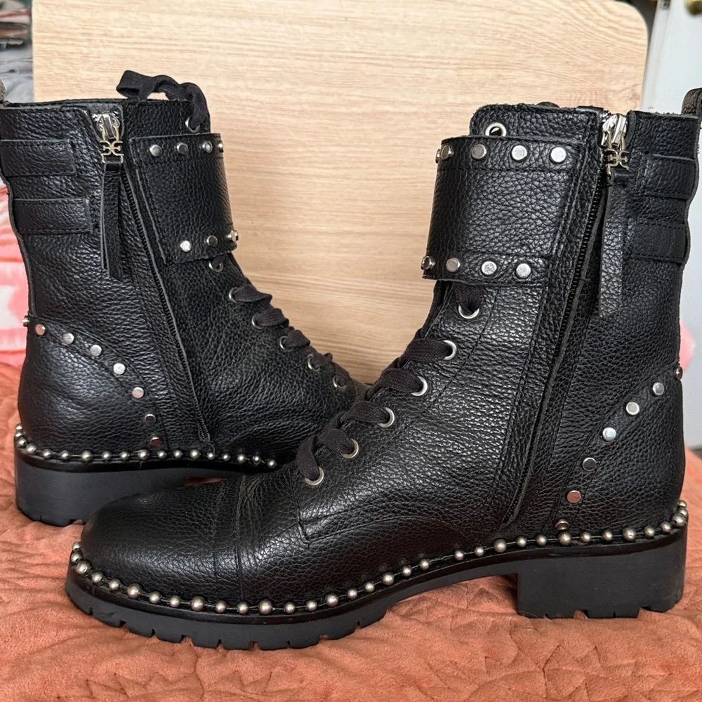 Sam Edelman Silver Studs Leather Black Zipper Combat Boots - Picture 5 of 12
